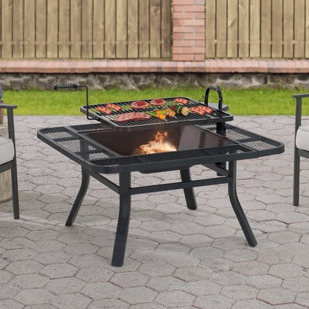 Sunjoy 38 Inch Grill Fire Pit for Outside, Outdoor Wood Burning Firepit with Adjustable Grill Grate and Fire Poker, BBQ Fire Pit table for Patio and Backyard