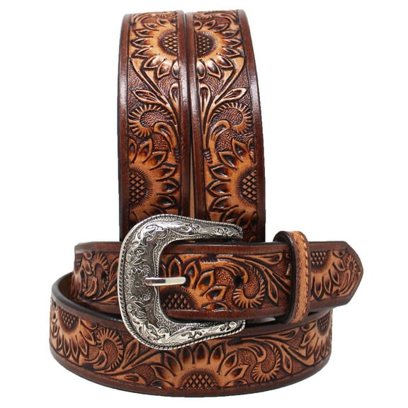 38 1-1/2" Wide Western Cowboy SunFlower Floral Tooled Full-Grain Leather Belt 2680RS