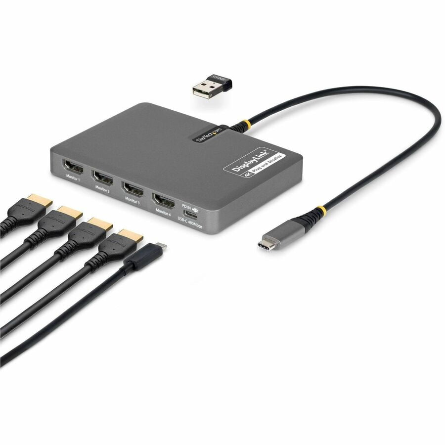 StarTech.com USB-C to Quad-Monitor Workstation Adapter, 4K 60Hz HDMI, 140W PD Passthrough for Laptop Charging, 1x USB 2.0 Port, TAA