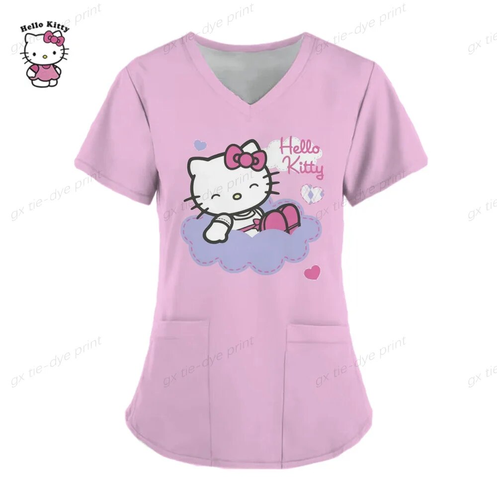 Hello Kitty Print Nursing Scrubs Tops Women Short Sleeve Working ...