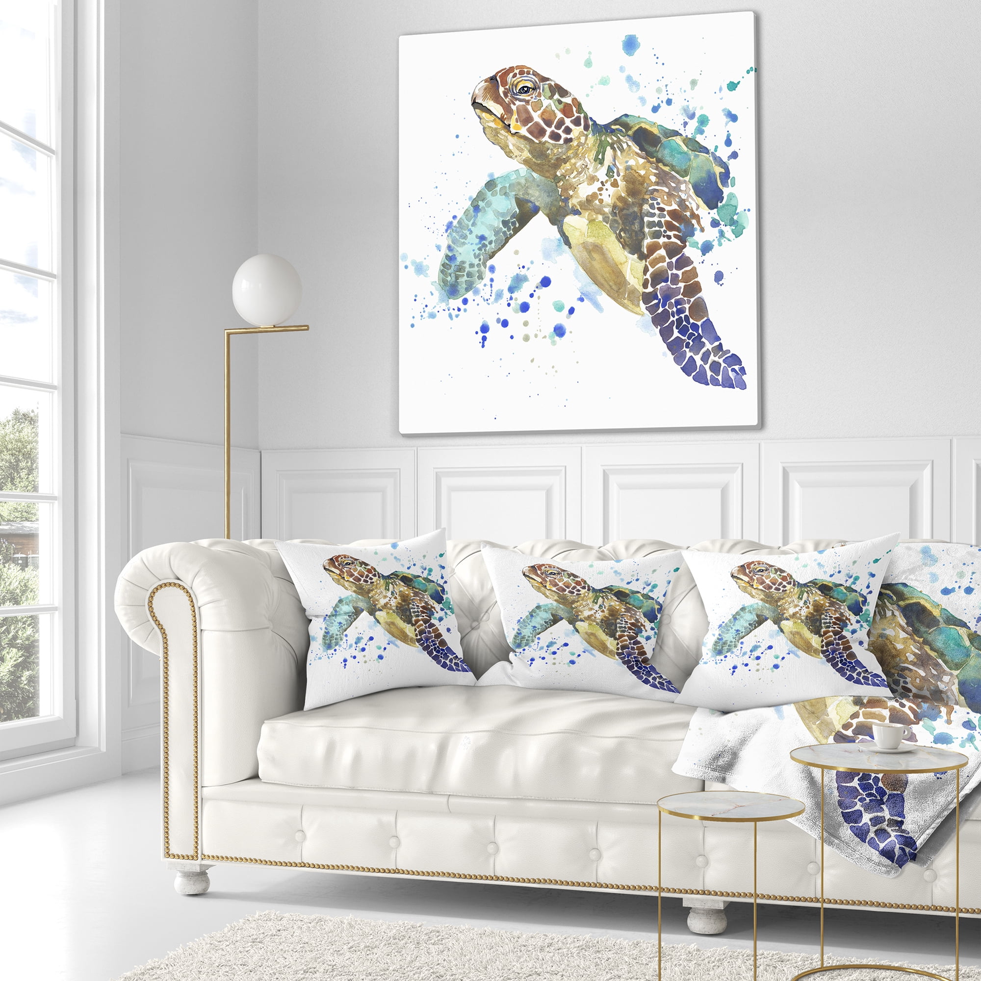 Designart Blue Sea Turtle Illustration - Animal Throw Pillow - 16x16