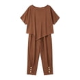 thumbnail image 6 of PRINxy Women All Match Linen Texture Two Piece Outfit Summer Crew Neck Short Sleeve Top Loose Wide Leg Pants Ladies Outdoor Leisure Daily Wear Suit Coffee XL, 6 of 7