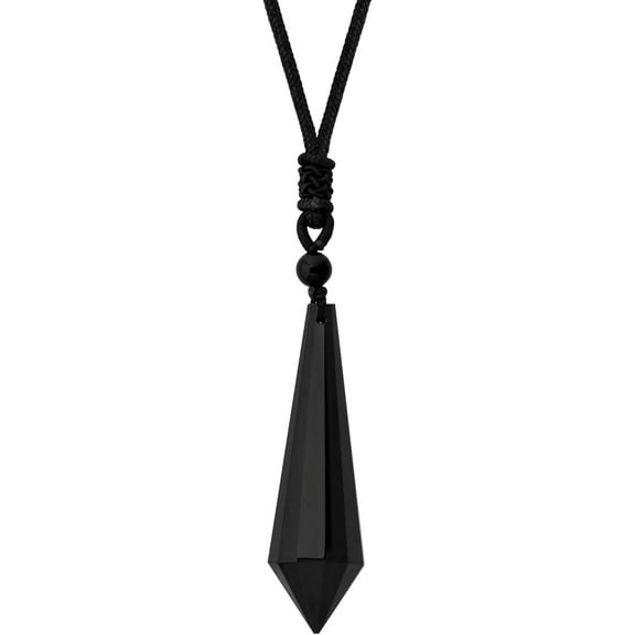 Black Obsidian Faceted Crystal Point Pendant Necklace with Braided Cord, Protective Amulet Jewelry Gift for Men and Women