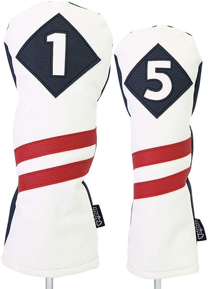 Majek Retro Golf Headcovers White with Red Stripe Vintage Leather Style
