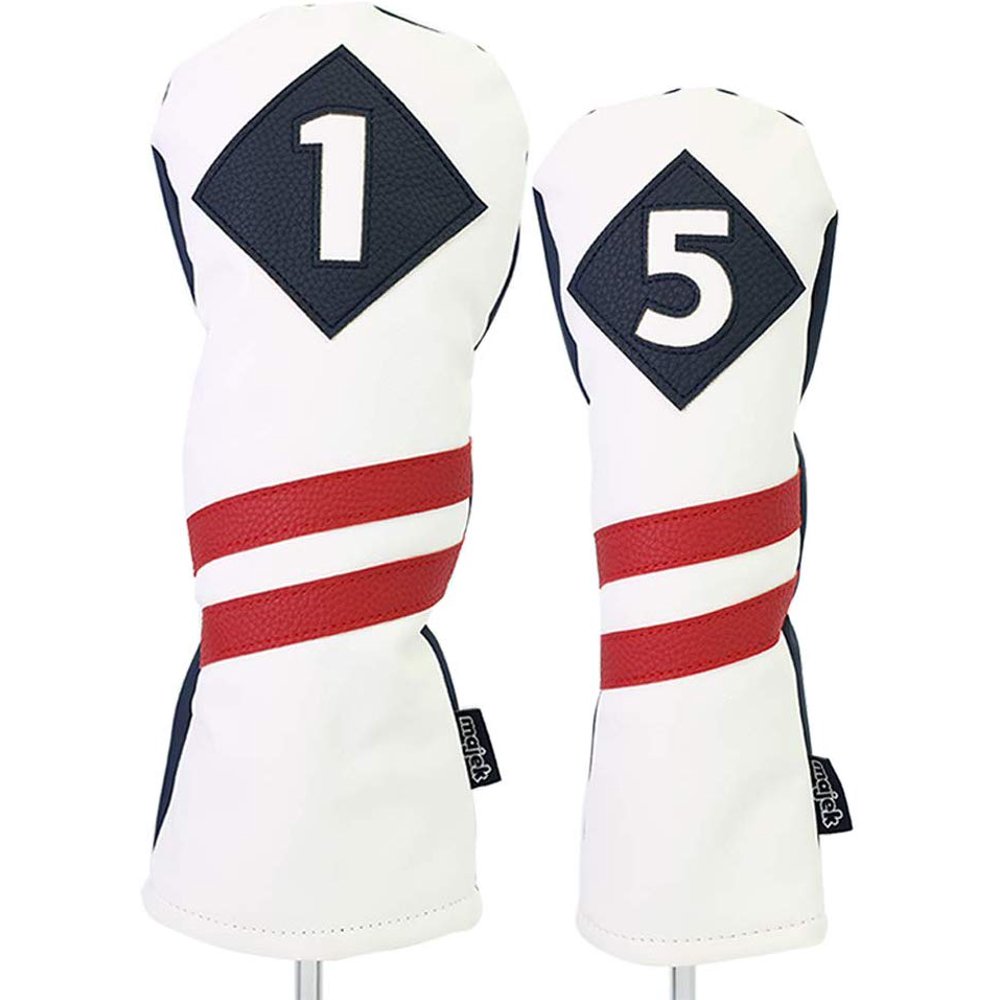 Majek Retro Golf Headcovers White with Red Stripe Vintage Leather Style