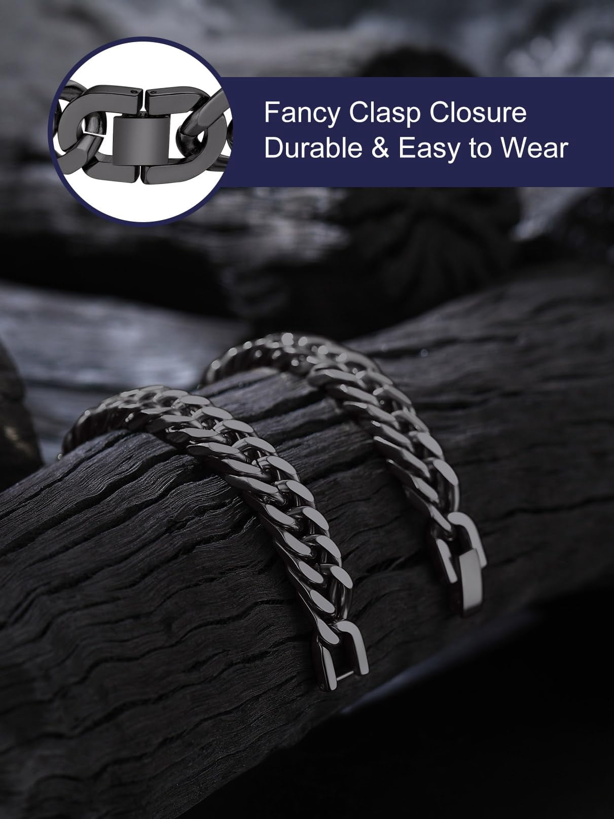 Bandmax 8MM Men's Black Cuban Chain Bracelets Stainless Steel Miami Curb Link Hand Chain Wristlet Birthday Valentines Father Day Gift for Dad Son Husband Grandpa