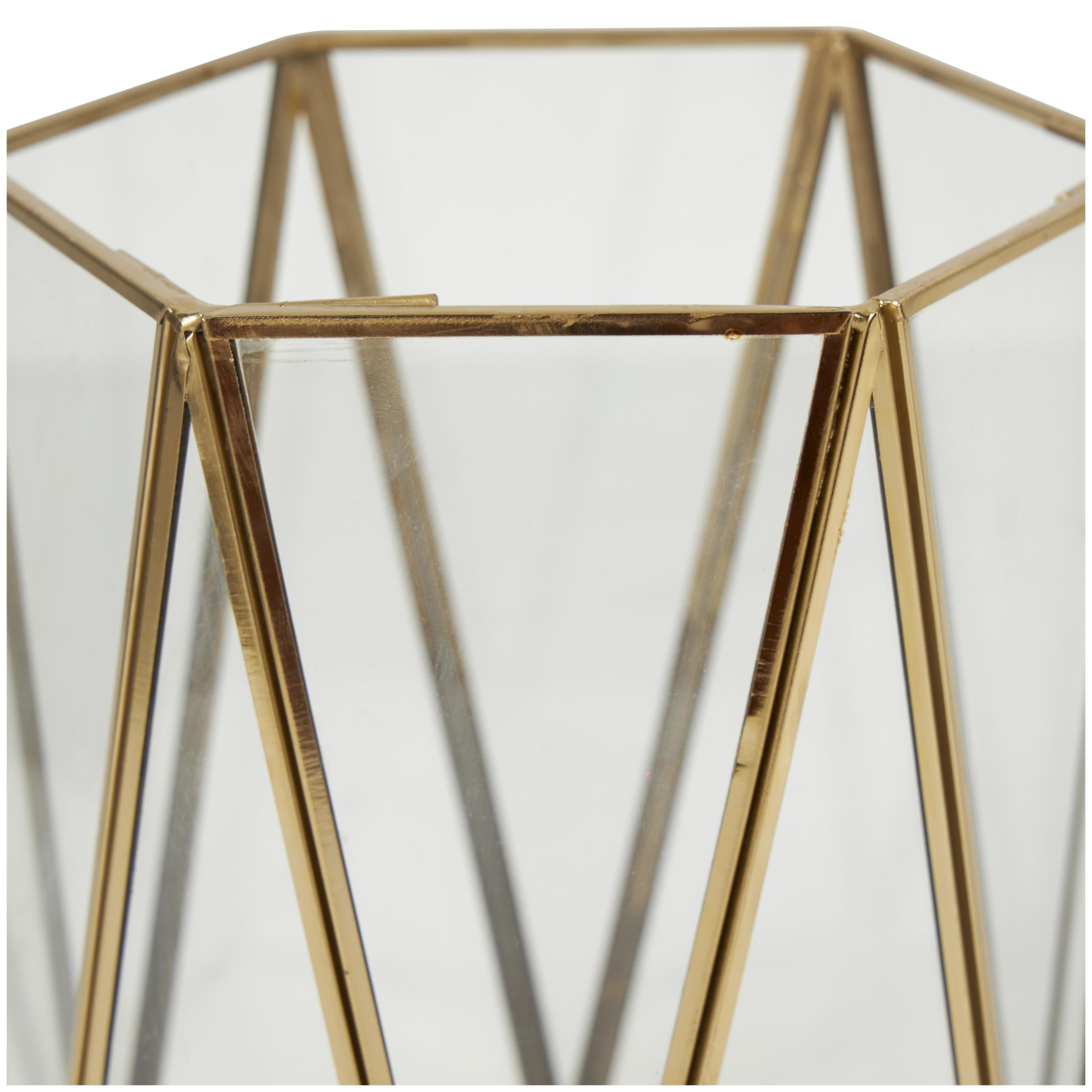 CosmoLiving by Cosmopolitan 3 Holder Gold Metal Geometric Triangle Patterned Hexagon Candle Lantern with Clear Glass, Set of 3