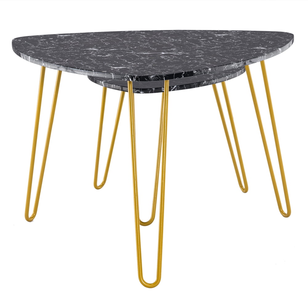 Kepooman Set of 2 Side Table, Marble Iron Foot Coffee Table, Black Kepooman Set of 2 Side Table, Marble Iron Foot Coffee Table, Black