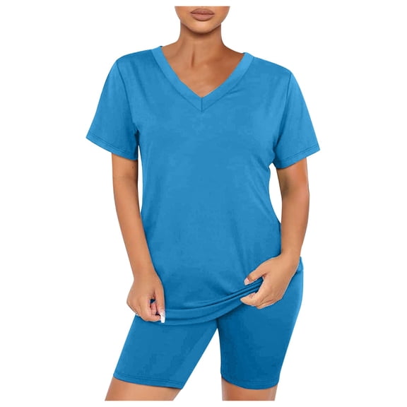 DHFJKG Women's 2 Piece Sets Summer Outfits Oversized Short Sleeve V Neck T Shirts Biker Shorts Set Workout Matching Clothing Soft Outfit