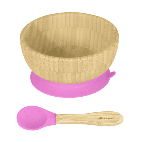 Abiie Octopod Bamboo Suction Bowl -  Baby Bowl with Suction for 4 months and up, High-Chair Bamboo Baby Plate, Mess-Free Toddler Suction Plates, Ergonomic Baby Feeding Supplies - (Pink)