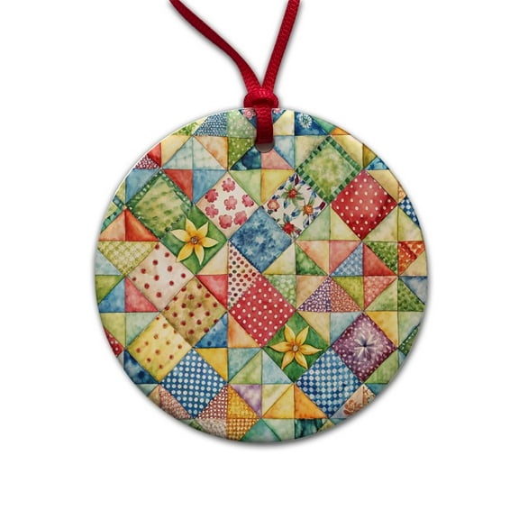 Patchwork Quilt Country Sewing Quilter Christmas Tree Holiday Round Ceramic Ornament