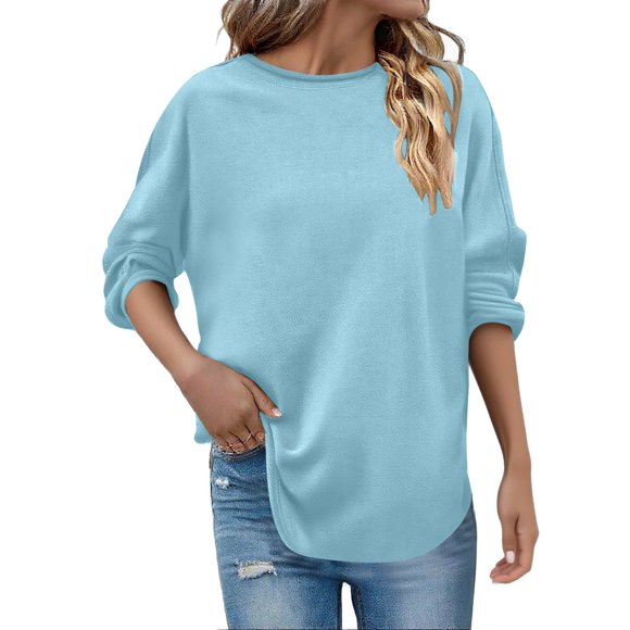 HongQid Fall Fashion Sweatshirt for Women Raw Edges Long Sleeve Shirts Crewneck Loose Fit Curve Hem Pullover Tops