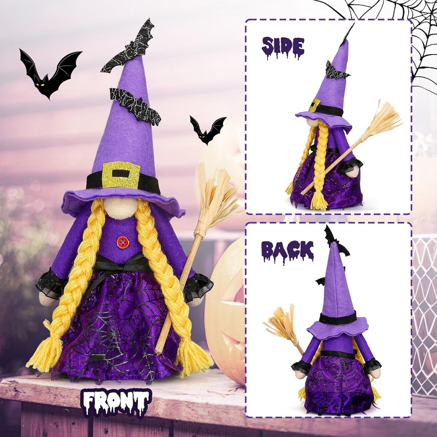 Set of 3 Hocus Pocus Witch Gnomes with Brooms for Rustic Halloween Decor