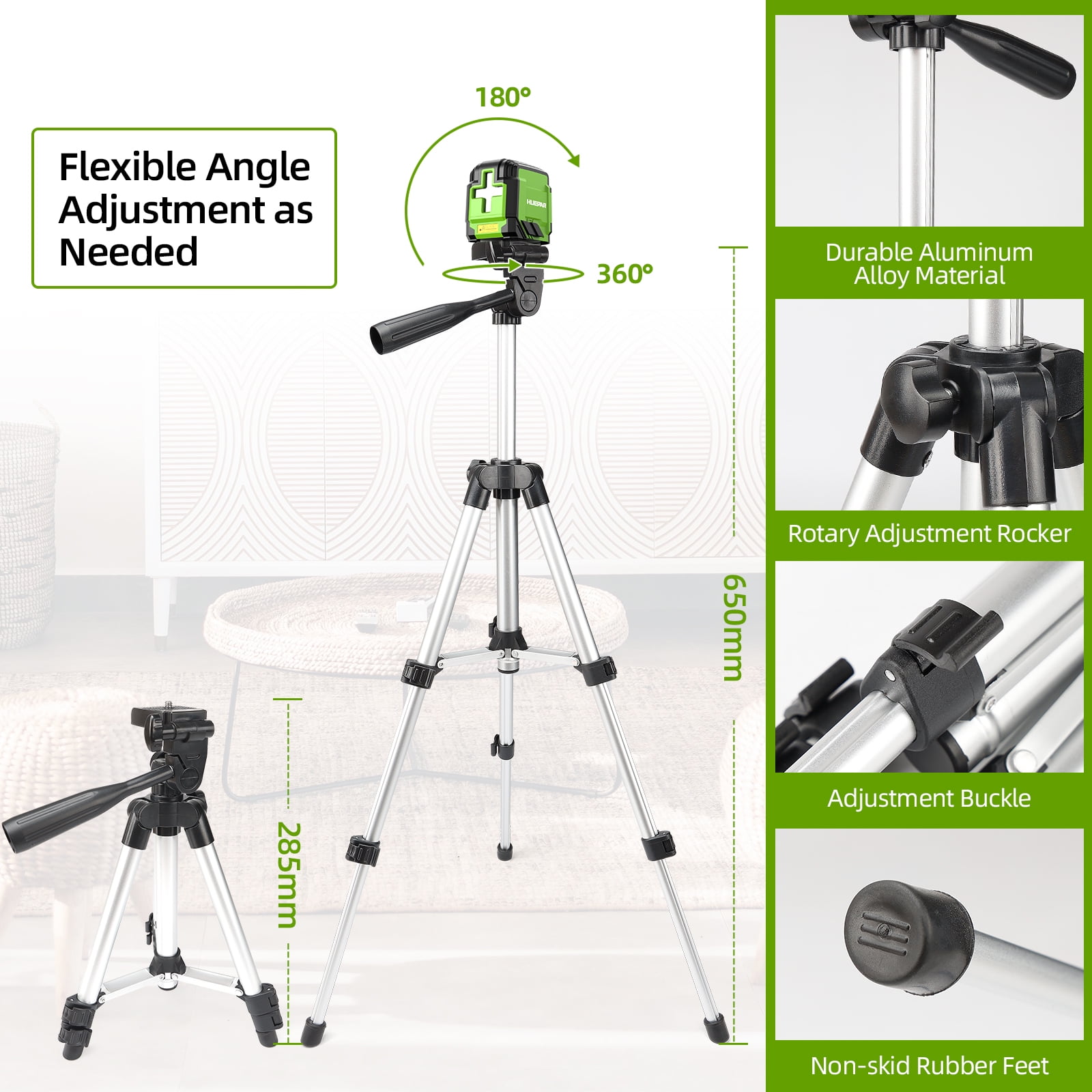 Huepar Green Self-leveling Laser Level with Tirpod, Cross Line Laser Levels for DIY Home Picture Hanging with AA Batteries and Carry Bag