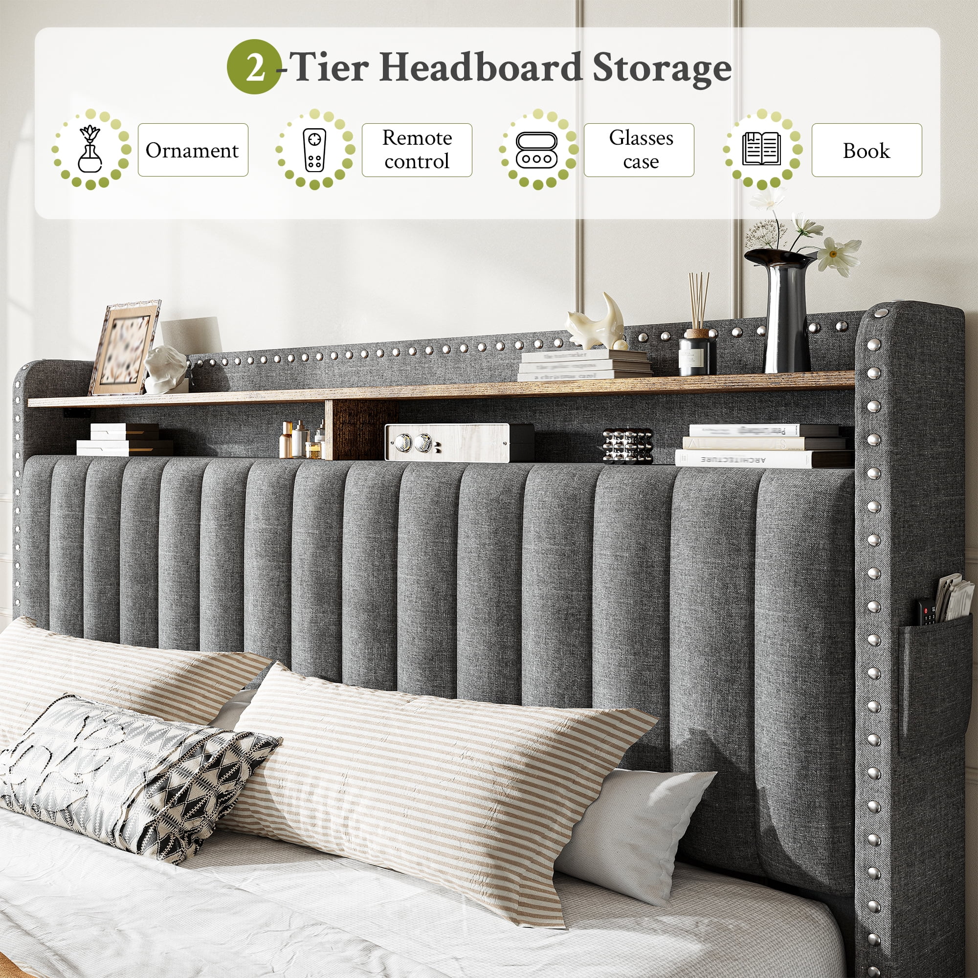 EnHomee Upholstered King Size Bed Frame with Headboard and Storage King Bed Frame with 2 Drawers,Grey