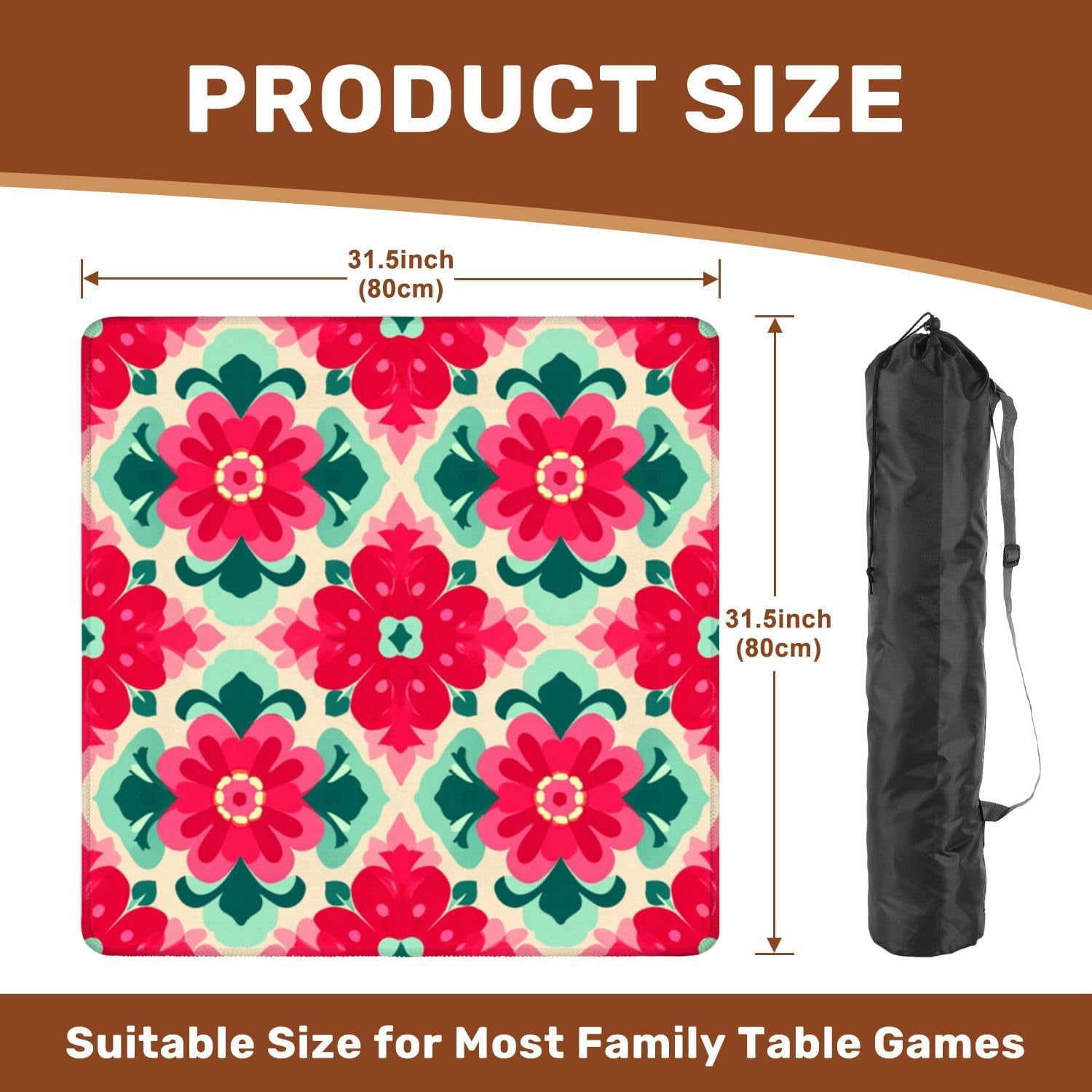 Mahjong Mat 31.5" x 31.5" Bold Floral Red Green Flowers Soft Beige Non-Slip Noise Reduction Mahjong Tiles Table Cover for Dominoes Poker Card Board and Tile Games