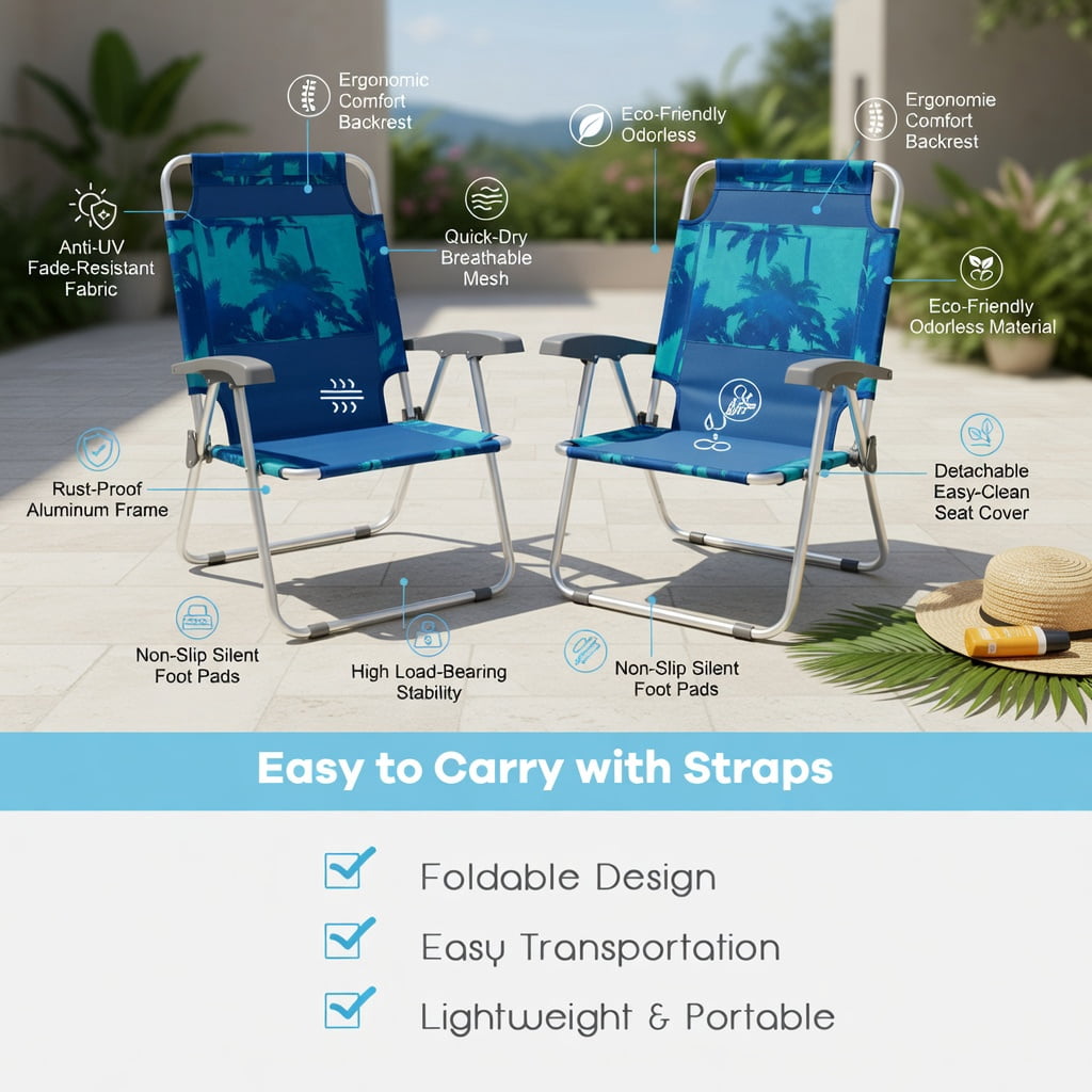 Hommoo 2-Pack Adjustable 5-Position Folding Beach Chairs with Portable Side Table, Aluminum Frame, Perfect for Camping, Fishing & Outdoor Relaxation, Navy