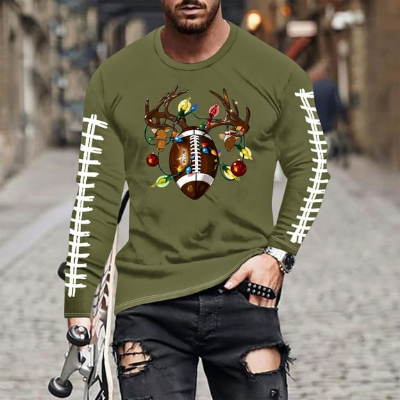 Fnnxeal Mens T-Shirts, Fall Winter Long Sleeve Print Christmas Shirt for Men Army Green