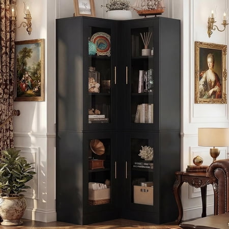 MUERE Corner Bookcase with Doors, 70" Tall Corner Bookshelf Cabinet with LED Lights, 6-Tier Corner Book Shelf for Home Office, Living Room, Black