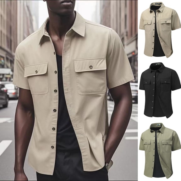 Men's Lightweight Short Sleeve Fishing Shirt UPF 50 Button Down Quick Dry Cooling Hiking Travel Sai Work Shirt with Two Pockets Khaki