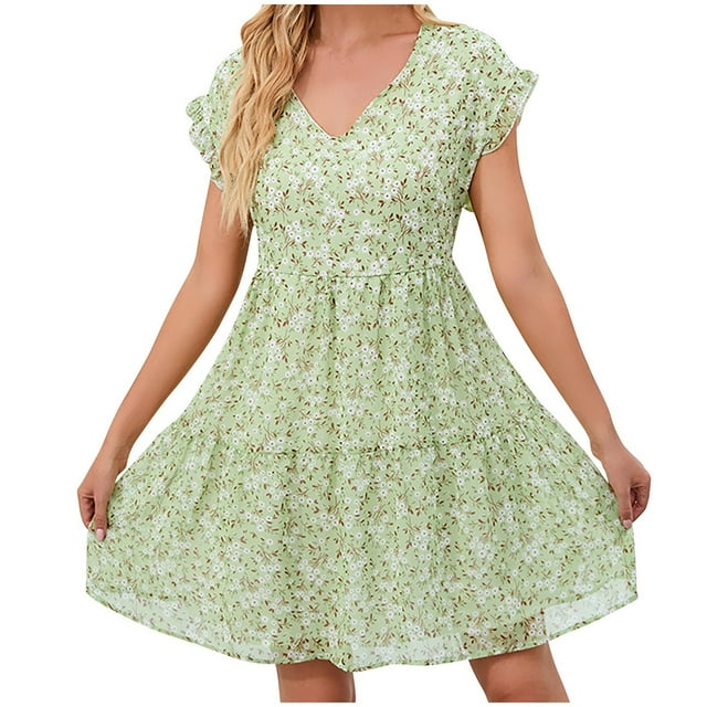 Robe Mignonne pour Femmes Été Imprimé Floral Robe Fluide à Volants Manches Courtes Col en V Décontractée Mini Robes