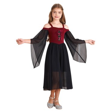 Miaeowve Kids Girls Medieval Renaissance Gothic Cold Shoulder Dress Ball Gowns Halloween Performance Party Fancy Dress Up Burgundy 6
