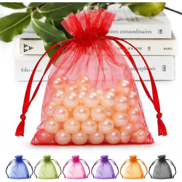50 Pcs Sacs en Organza 3x4 Pouces, Petits Sacs-Cadeaux en Vrac pour Femmes, Emballage de Cadeaux de Pâques, Mini Sacs en Maille Rouges à Cordon, Pochettes à Bijoux pour Mariage, Bonbons, Cadeaux de Fête, Friandises, Sachet, Pot-Pourri