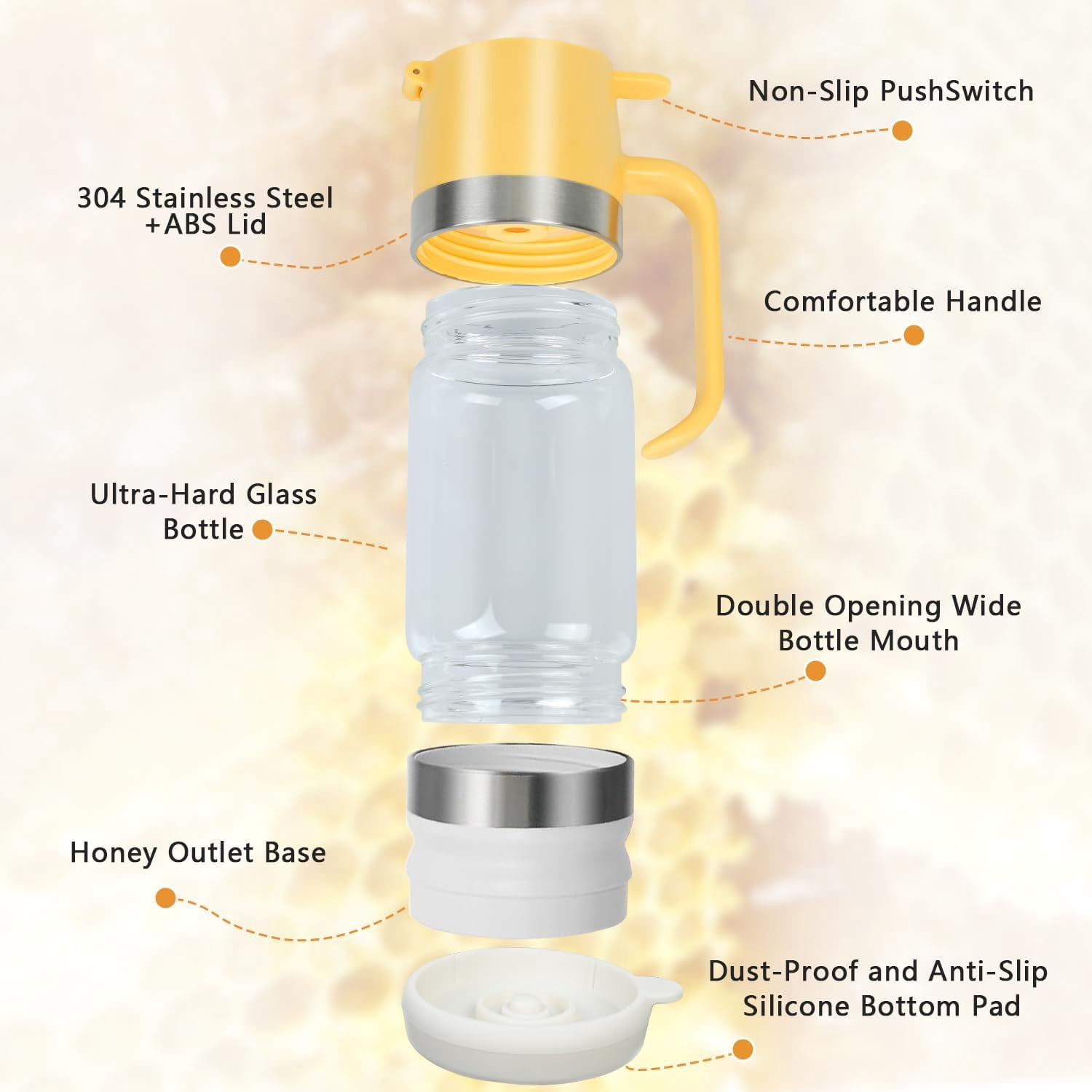 2026 Upgrade Honey Dispenser No Drip with Base, 12Oz Handle Glass Honey Jar pot, Syrup Dispenser for Coffee or Tea, Mess Free Honey Dispenser for Honey and Syrup, Honey Container