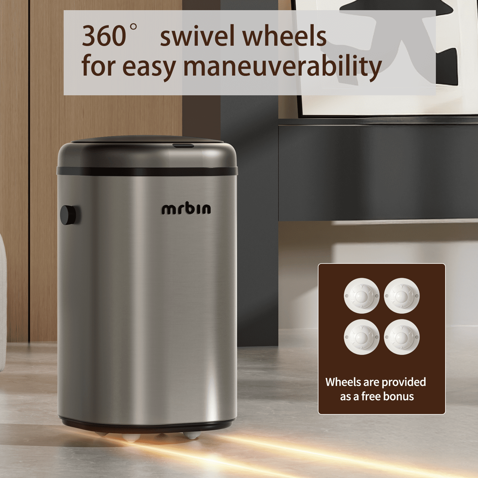 MRBIN Stainless Steel Adsorption Motion Sensor Trash Can Removable, 18L / 4.8gal Automatic Absorbing Bag Lidded Garbage Bin with Wheels, Waste Basket for Kitchen, Bathroom, Eclipse Grey