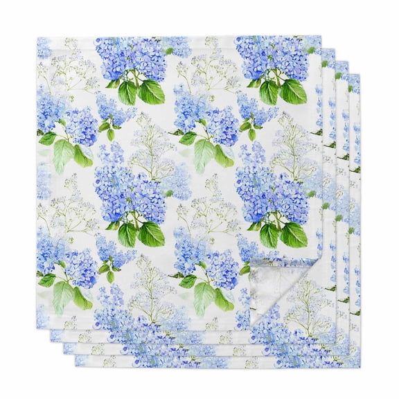 Summer Hydrangeas Cloth Napkins, White Blue Flowers Pastoral Leaves Washable and Reusable Dinner Napkins Set of 4, Table Napkin for Kitchen Party Birthday Wedding Hotel Housewarming 20"x20"
