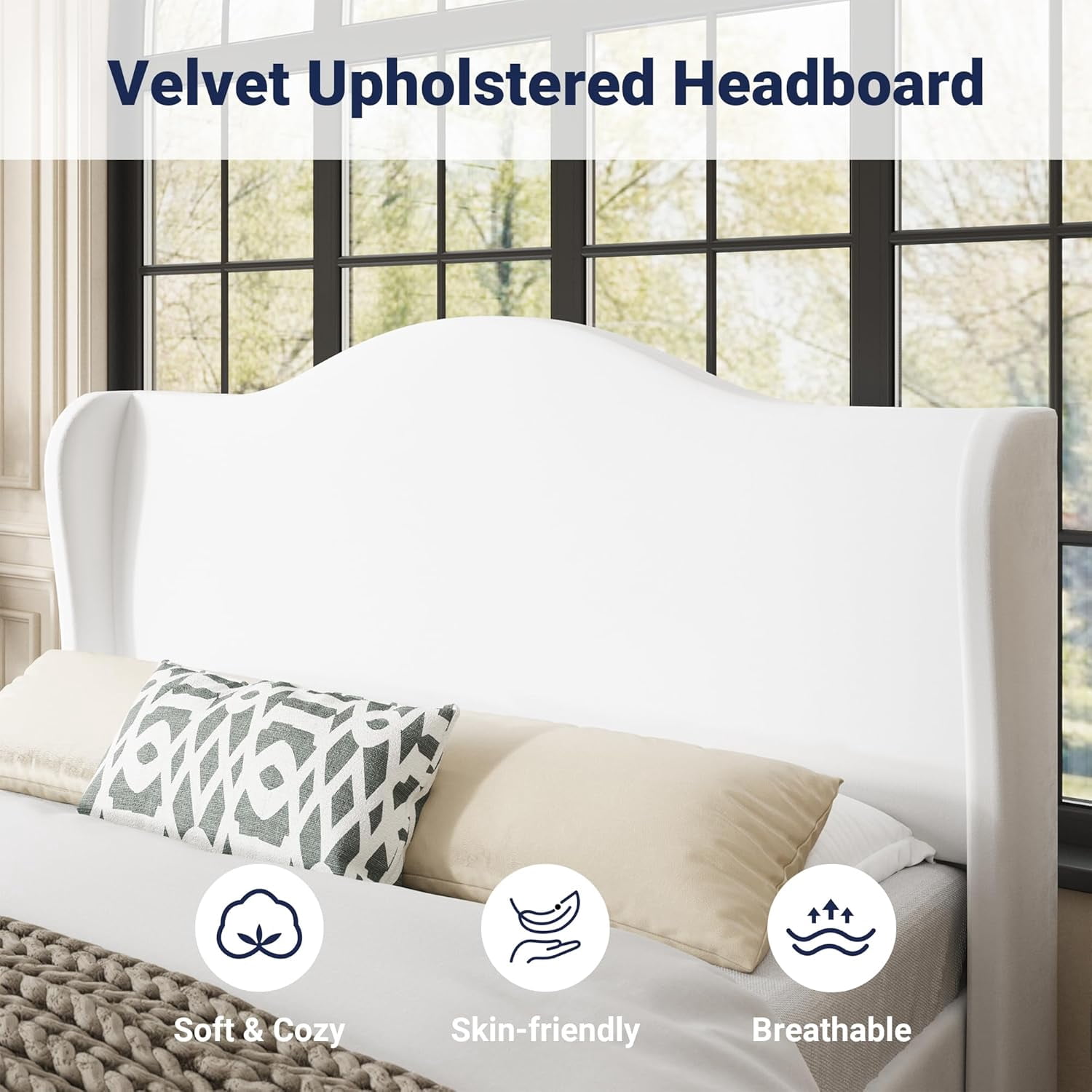 Allewie Full Size Bed Frame, Upholstered Wingback Platform with 47" Tall Tufted Headboard, Plush Velvet Fabric, Modern Minimalist Design, No Box Spring Required, Tool-Free Assembly, White