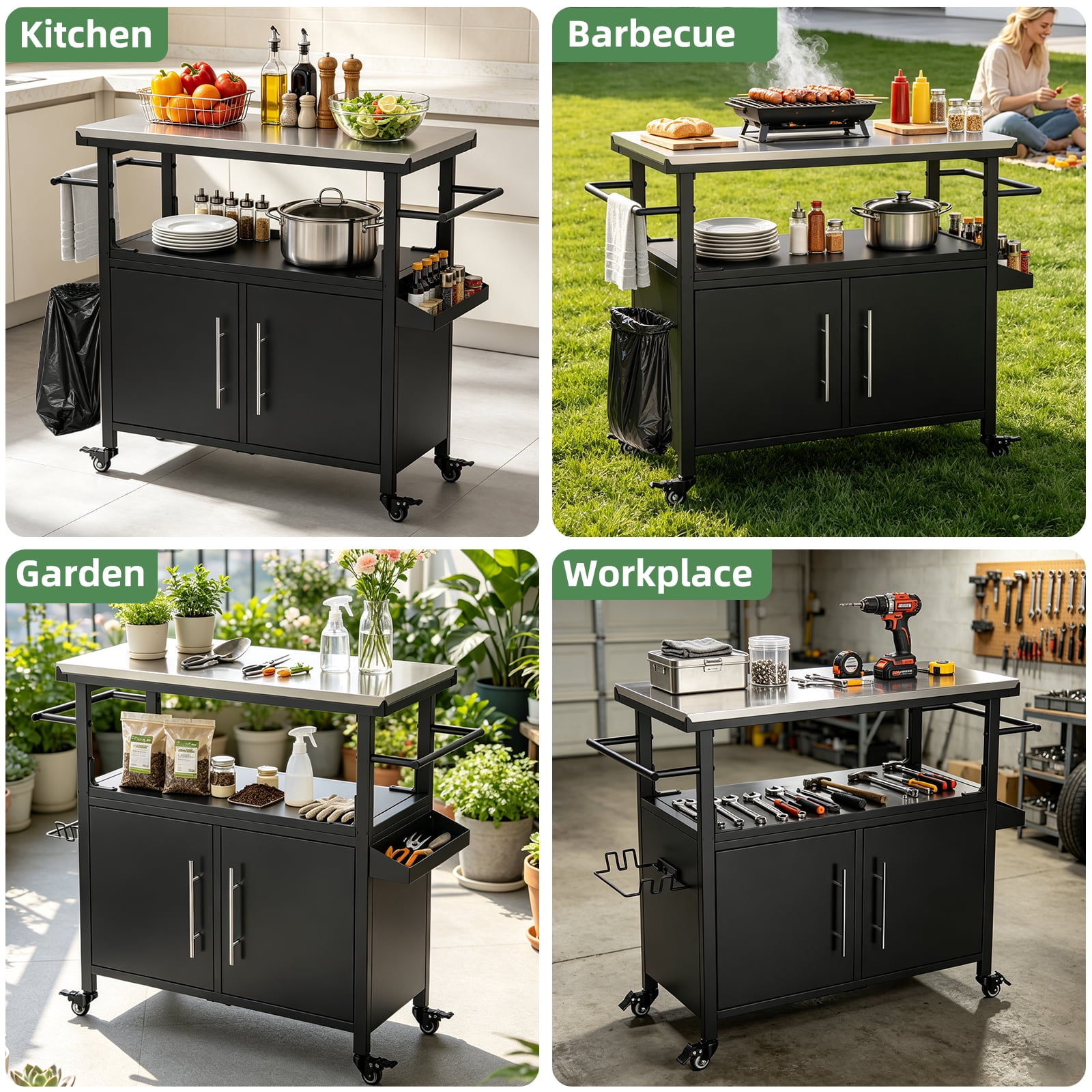 Grill Cart with Stainless Steel Table and Storage Cabinet, Outdoor Rolling Bar Cart and BBQ Prep Station with Towel Rack for Patio, Black