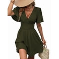 thumbnail image 3 of Women'S Ruched V Neck High Waist Casual Short Sleeve A-Line Dress Green S, 3 of 9
