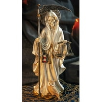 Standing White Santa Muerte With Scythe Scales of Justice And Wise Owl Figurine