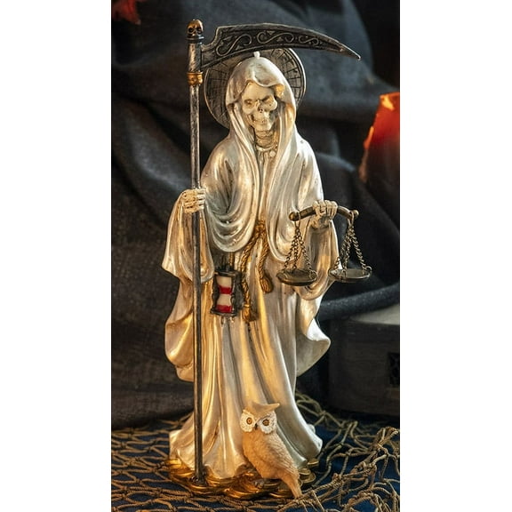 Standing White Santa Muerte With Scythe Scales of Justice And Wise Owl Figurine