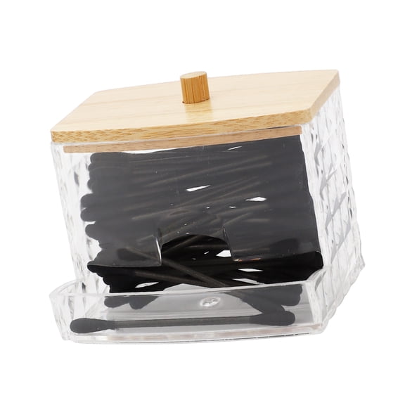1 Pc Diamond Pattern Square Cylinder Cover Acrylic Cotton Swab Jar Clear Wood Color