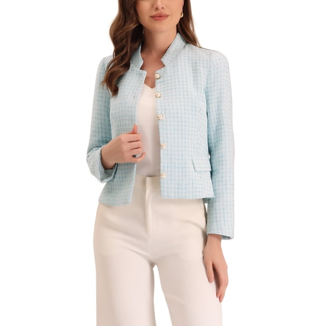 INSPIRE CHIC Women's Long Sleeve Plaid Tweed Blazer Button Down Work Short Jacket L Light Blue