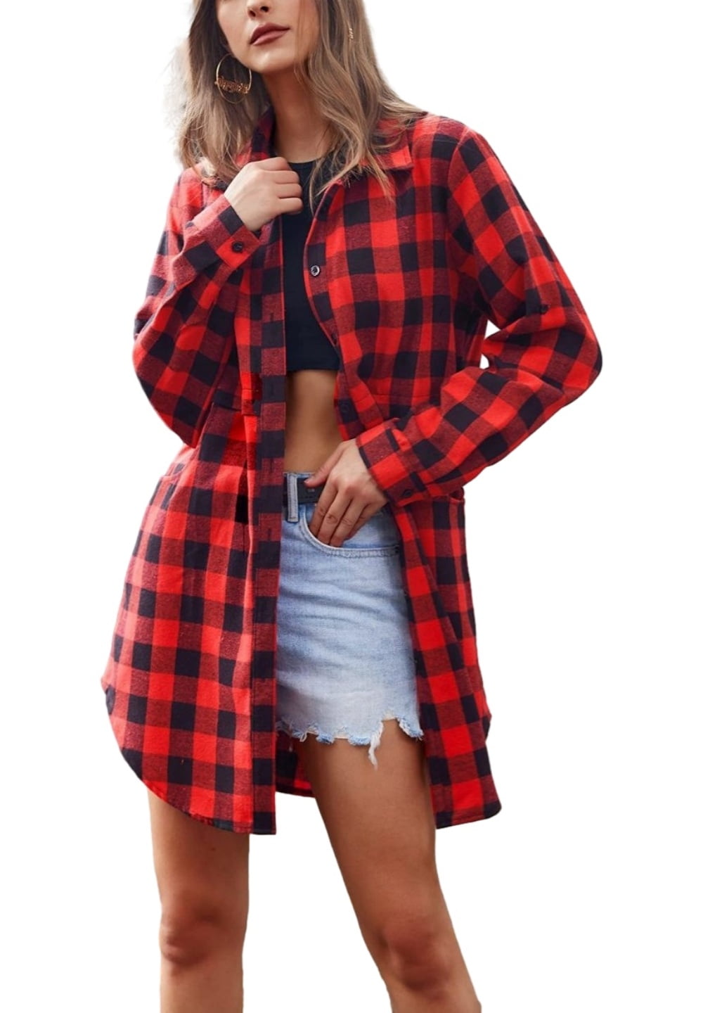 Skirt Ankle Boots Black And Red Plaid Shirt Outfit Women's Long