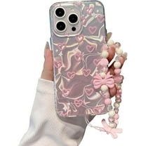 for iPhone 16 Pro Case for Girl Women Cute Love-Heart Luxury Bling Compatible with Bowknot Bracelet Chain Raised Camera Protection Bumper TPU Shockproof Phone Case