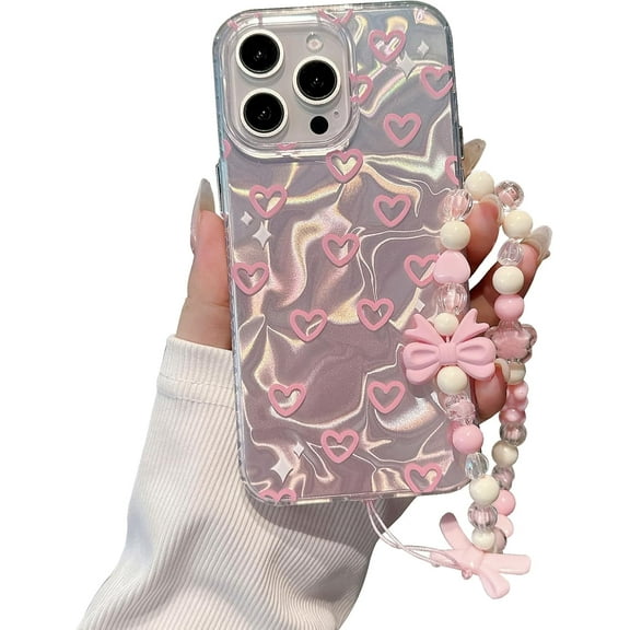 for iPhone 16 Case for Girl Women Cute Love-Heart Luxury Bling Compatible with Bowknot Bracelet Chain Raised Camera Protection Bumper TPU Shockproof Phone Case