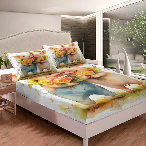 YST Cartoon Pig Twin Sheet Set Toddler Baby Cute Piggy Bed Sheets Set Orange Pink Rose Bed Set Farm Animal Top Sheet Kawaii Pet Bedding Set Kids