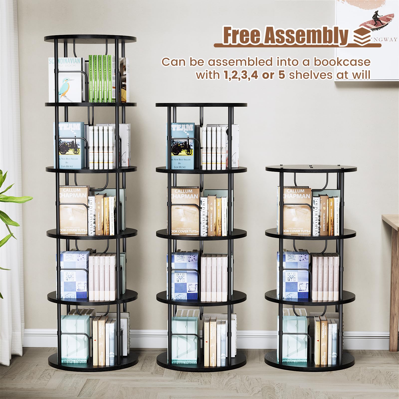 Flycity 5-Tier 360° Rotating Bookcase, Black photo 5