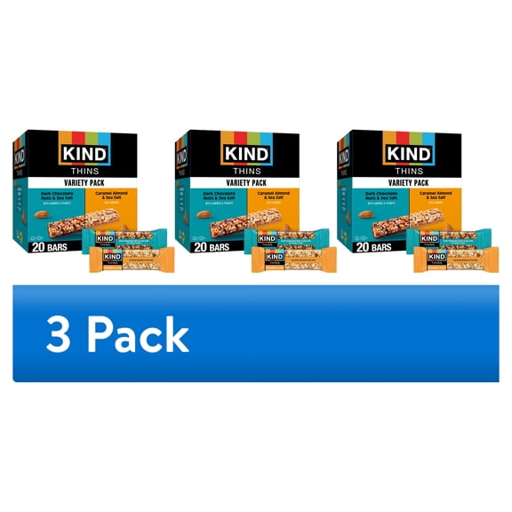 (3 pack) KIND Thins Bars Variety Pack, Dark Chocolate Nuts & Sea Salt, Caramel Almond & Sea Salt, 20 Snack Bars, 1 Box