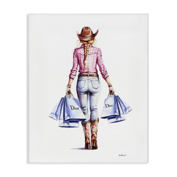 Stupell Industries Glam Cowgirl Pink Plaid People Painting Wrapped Canvas Art Print Wall Art, 16 x 20