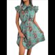 thumbnail image 3 of Vestido Plisado Floral Hasta la Rodilla para Mujer, para Vacaciones, Cuello Redondo, Sin Mangas, Cintura Alta, Ajustado, Verde M, 3 of 9