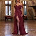thumbnail image 1 of Yinguo Robe de Demoiselle d'Honneur Longue en Satin à Sequins Épaules Dénudées Robes de Soirée Formelles avec Fente Rouge P, 1 of 8