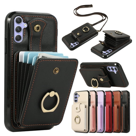 for Samsung Galaxy A15 Wallet Case with Card Holder, PU Leather Case with Ring Holder Kickstand, Snap Button Card Slots Case for Women Men for A15 with Crossbody Strap - Black