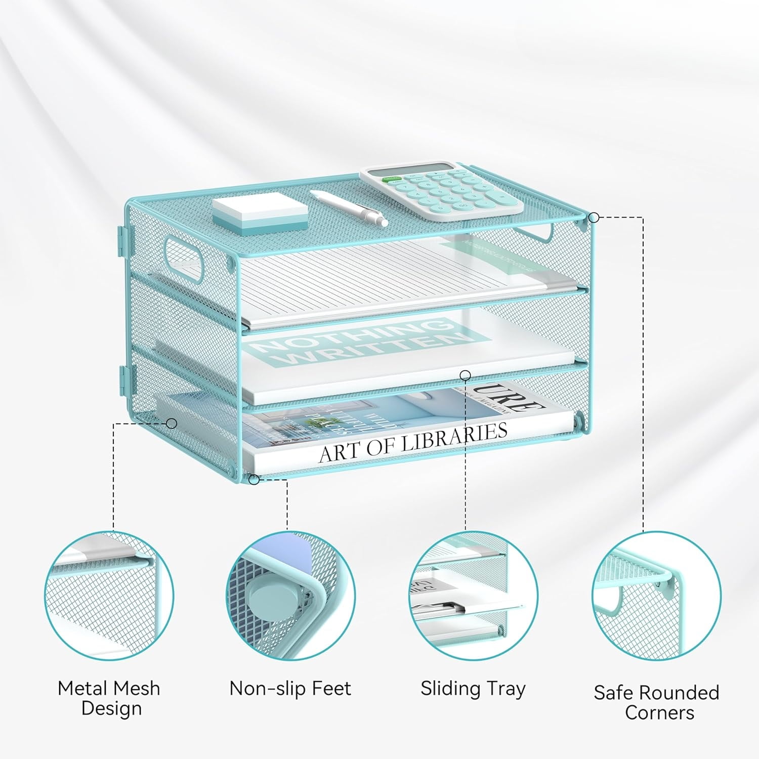 INTIGE 3-Tier File Organizer with Handles, Mesh Desktop Storage Cabinet, Suitable for Home and Office