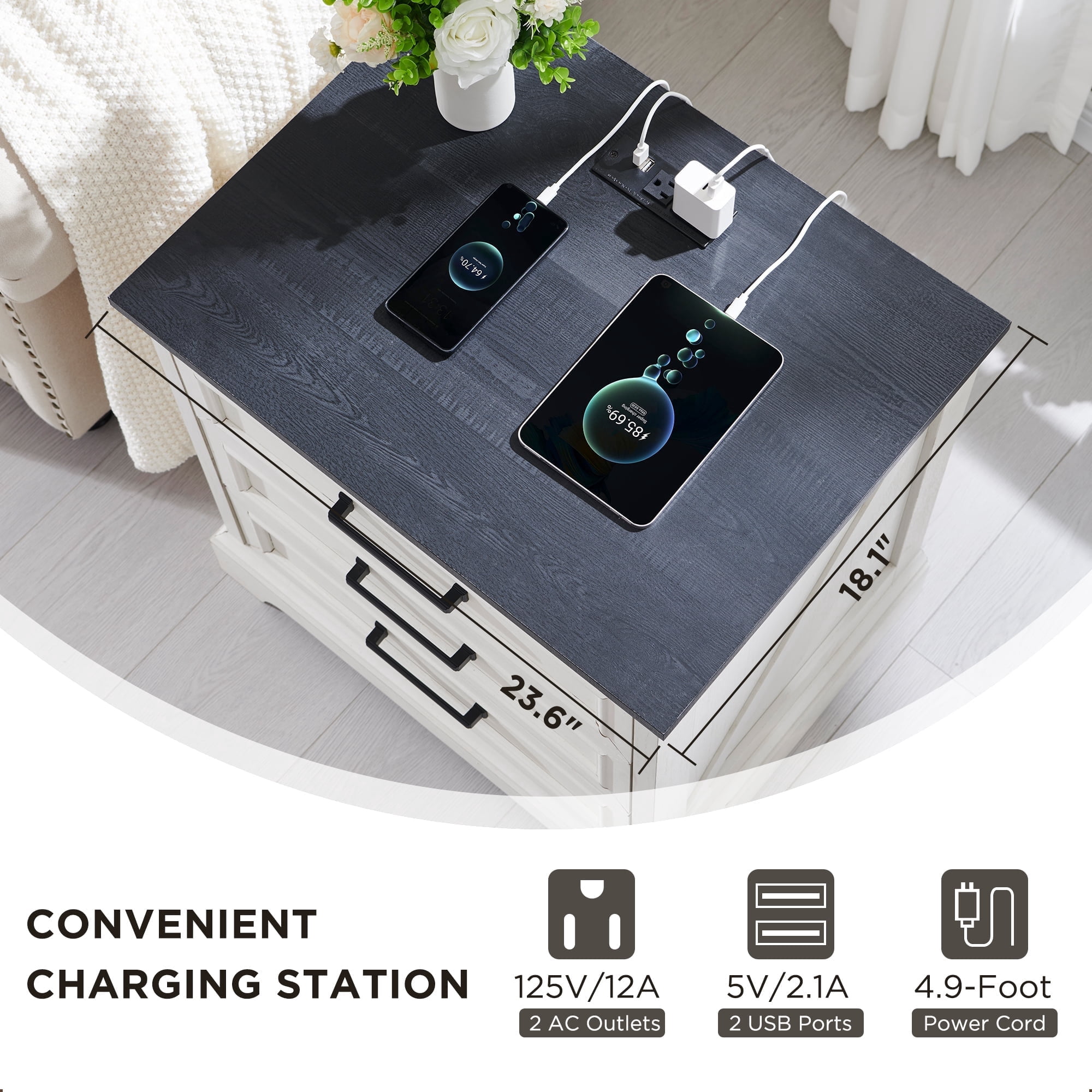 ACCOHOHO Rustic 3 Drawers Nightstand with Charging Station, 24" Wide Wood Farmhouse Night Stand with Drawers for Bedroom, Living Room, White