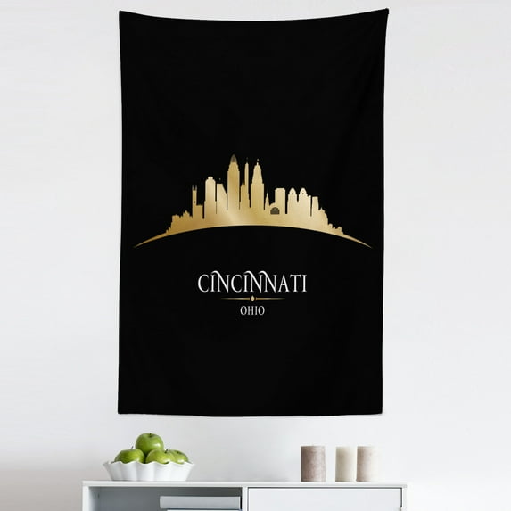 Cincinnati Tapestry, Skyscrapers in Golden Yellow Hues Monumental Giant Exterior, Fabric Wall Hanging Decor for Bedroom Living Room Dorm, 5 Sizes, Charcoal Grey Pale Brown, by Ambesonne